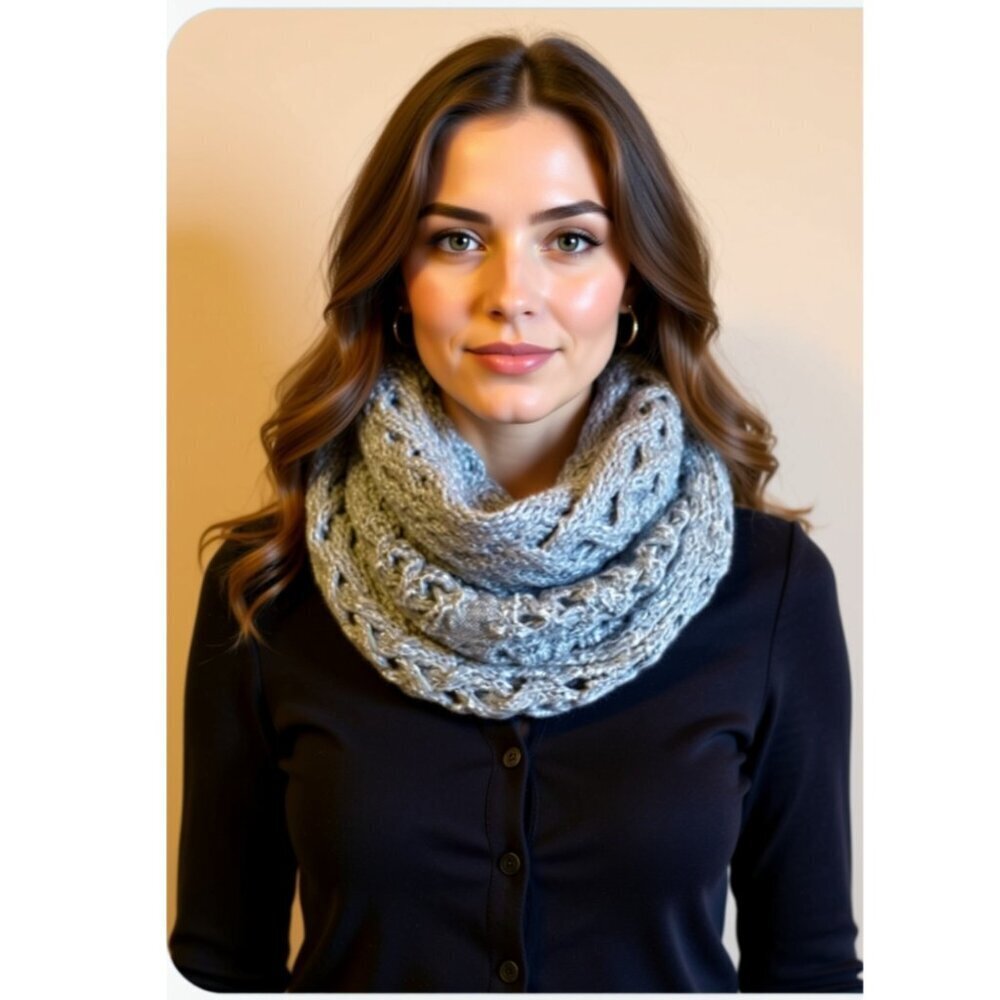 Open Knit Crochet Loop Winter Infinity Scarf, Grey with white specks (Z)